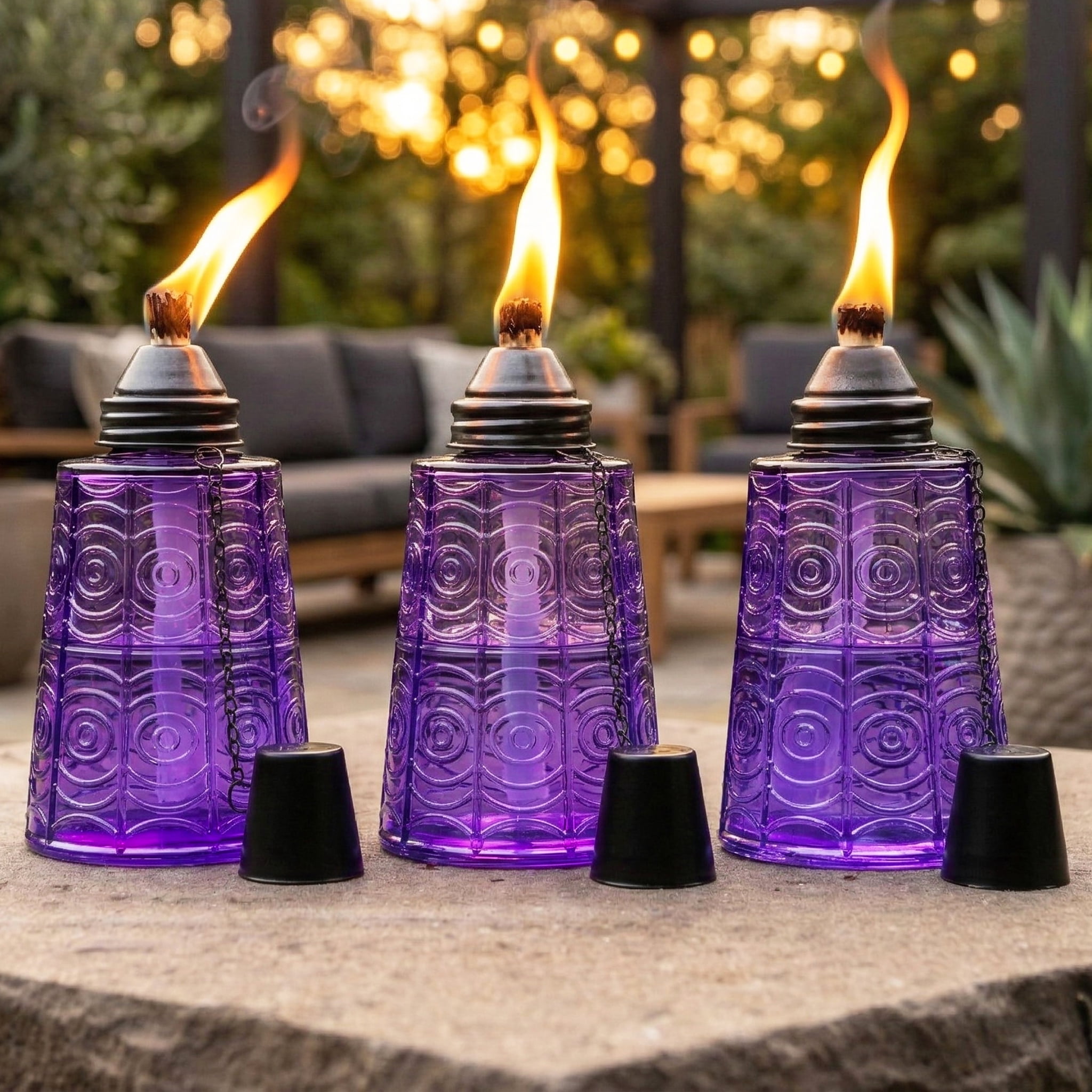 Seraphic Table Top Citronella Torches for Outdoor Patio, 16oz Decorative Glass Torch Citronella Oil Candles for Outside Deck, Garden, Parties, Set of 3, Purple