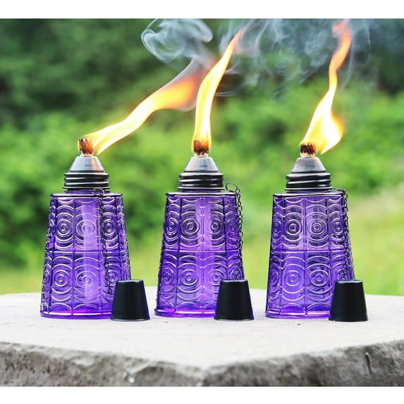 Seraphic Table Top Citronella Torches for Outdoor Patio, 16oz Decorative Glass Torch Citronella Oil Candles for Outside Deck, Garden, Parties, Set of 3, Purple