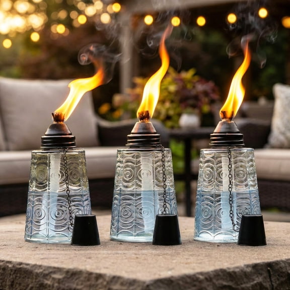 Seraphic Table Top Citronella Torches for Outdoor Patio, 16oz Decorative Glass Torch Citronella Oil Candles for Outside Deck, Garden, Parties, Set of 3, Clear