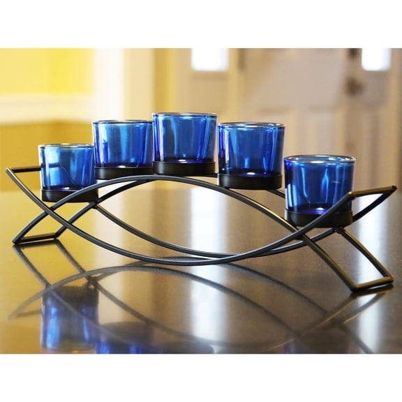 Seraphic Iron Arch Table Centerpiece Decorations Long Candle Holder for Weddings, Patio, Kitchen, Dining Room, and Coffee Tables, Black, Blue Chunky 5 Cups