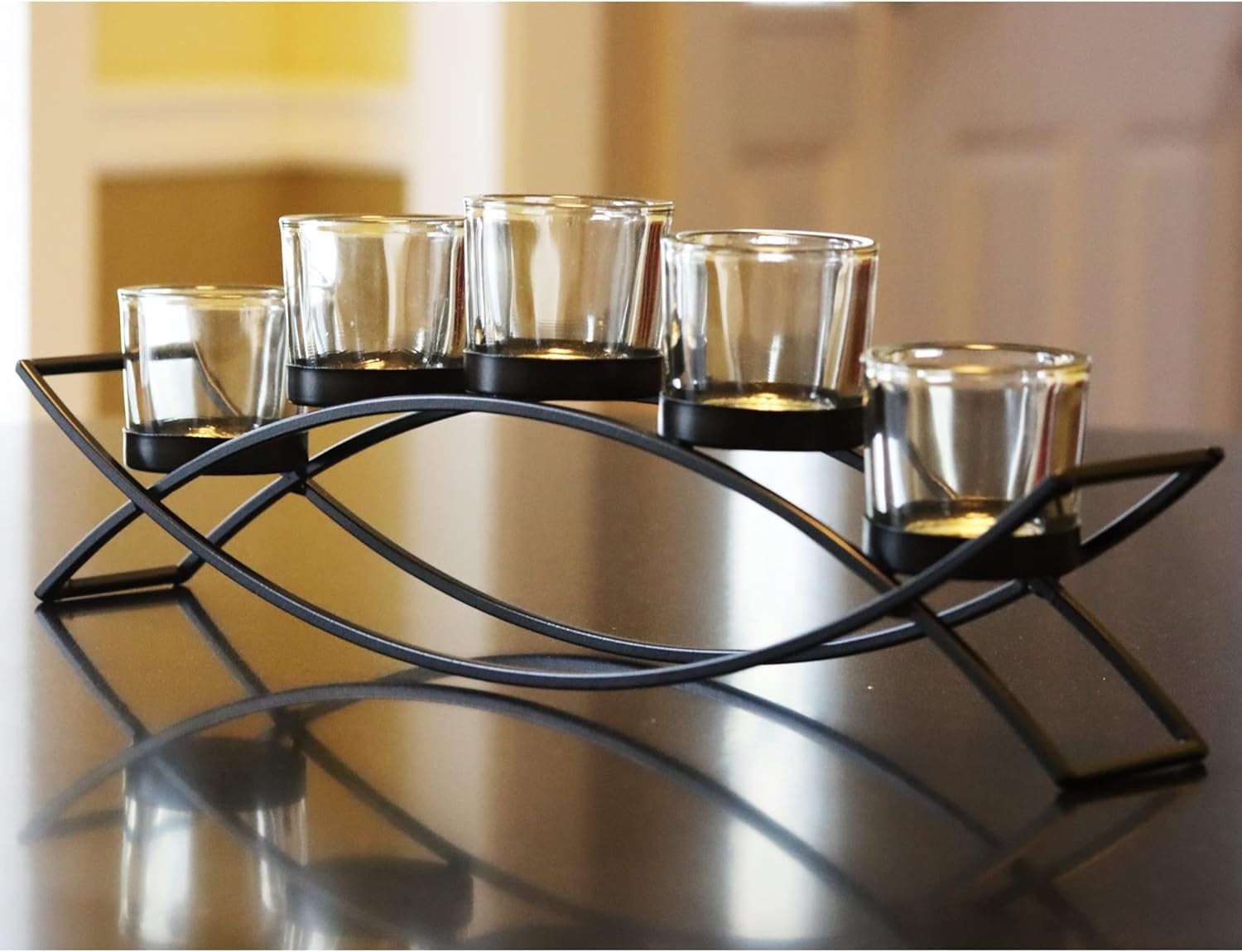 Black Iron Arch Candle Holder with Clear Glass Cups