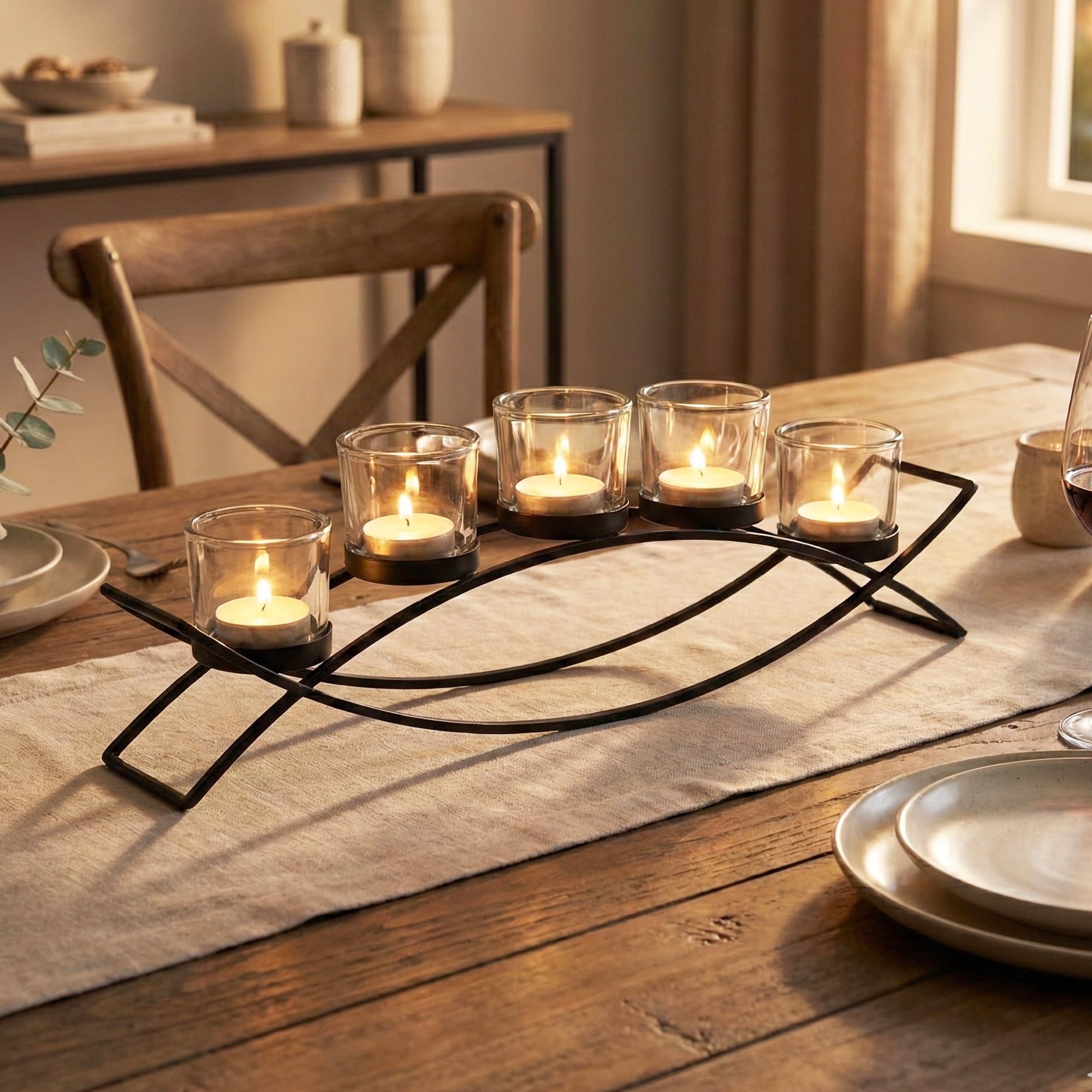 Seraphic Iron Arch Table Centerpiece Decorations Long Candle Holder for Weddings, Patio, Kitchen, Dining Room, and Coffee Tables, Black, Clear Chunky