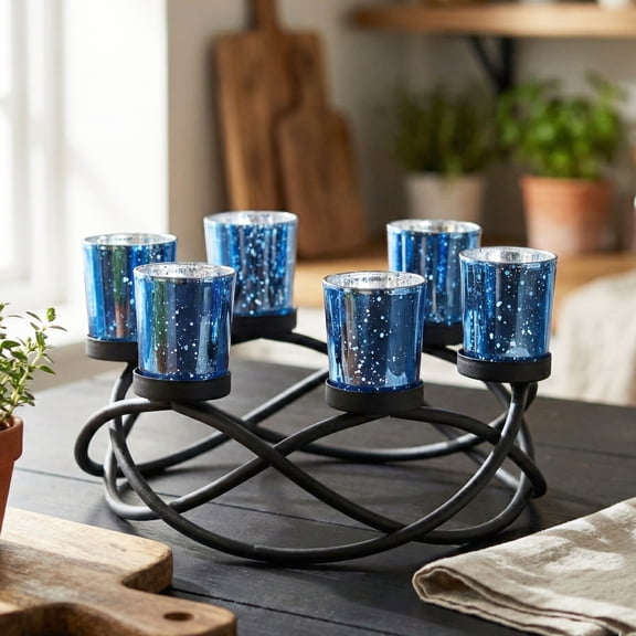 Seraphic Iron Round Table Decor Christmas Centerpiece Decorations Candle Holder for Weddings, Patio, Kitchen, Dining Room, and Coffee Tables, Glass Votive Tealight Holders, Black, 6 Blue Cups