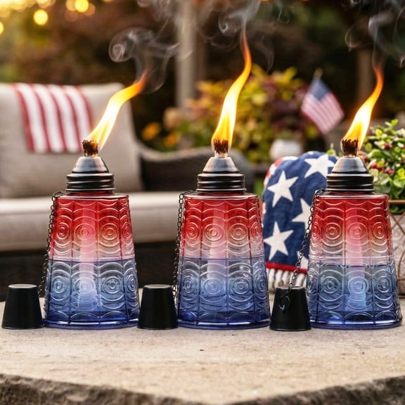 Seraphic Table Top Citronella Torches for Outdoor Patio, 16oz Decorative Glass Torch Citronella Oil Candles for Outside Deck, Garden, Parties, Set of 3, Red/White/Blue