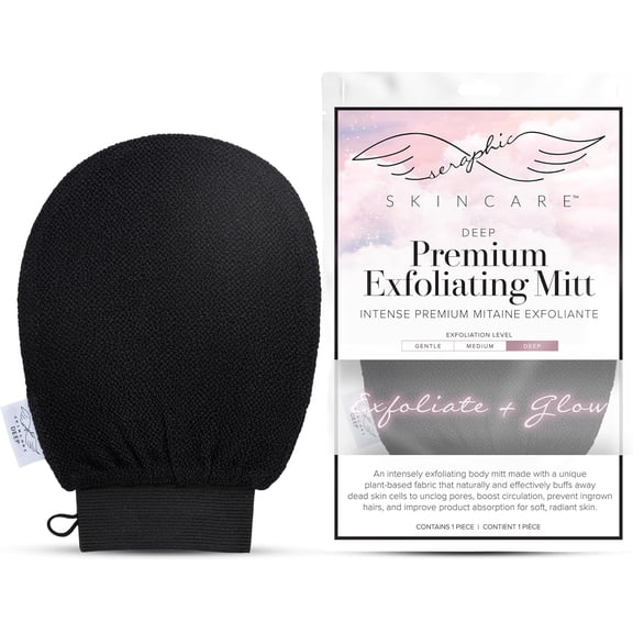 Seraphic Skincare Premium Exfoliating Glove (Deep) Viscose Fiber Korean Exfoliating Mitt for Sensitive Skin Body Scrubber, Dead Skin Remover for Body & Self Tanner Removal & Application