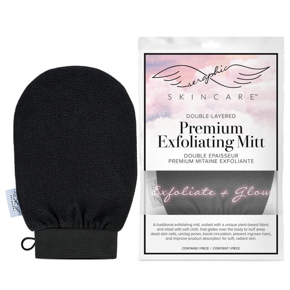 Seraphic Skincare Double-Layered Premium Exfoliating Mitt – XL, Durable, 100% Vegan Viscose – Traditional Korean Exfoliation Body Glove Kessa Lined with Soft Washcloth – Self-Tan Remover & Prep