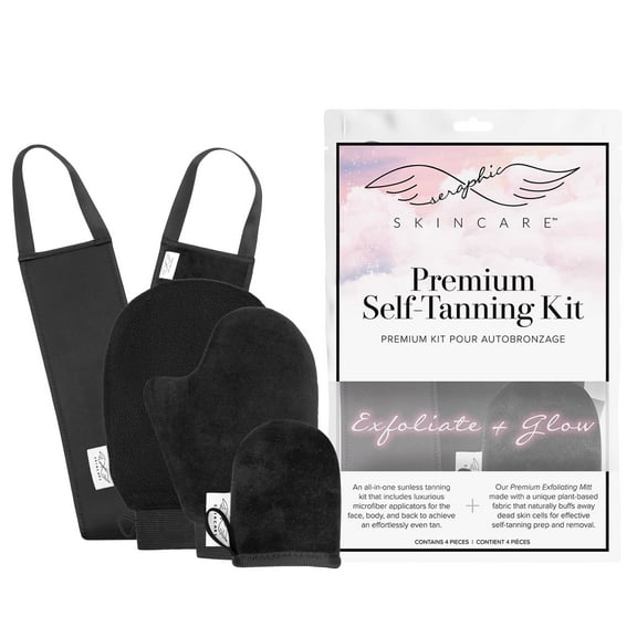 Seraphic Skincare Premium Self-Tanning Kit (4pc)  Includes (1) Premium Exfoliating Mitt to Prep & Remove Self-Tanner, (1) Facial + (1) Body + (1) Back Microfiber Applicators for a Streak-Free Glow