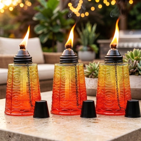 Seraphic Table Top Citronella Torches for Outdoor Patio, 16oz Decorative Glass Torch Citronella Oil Candles for Outside Deck, Garden, Parties, Set of 3, Sunset Orange