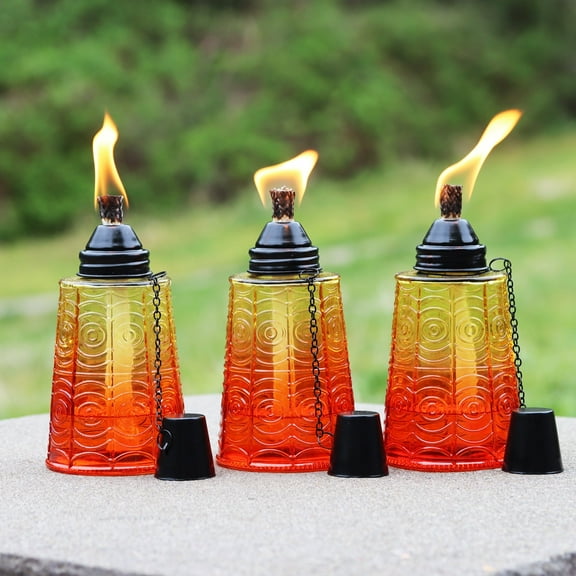 Seraphic Table Top Citronella Torches for Outdoor Patio, 16oz Decorative Glass Torch Citronella Oil Candles for Outside Deck, Garden, Parties, Set of 3, Sunset Orange