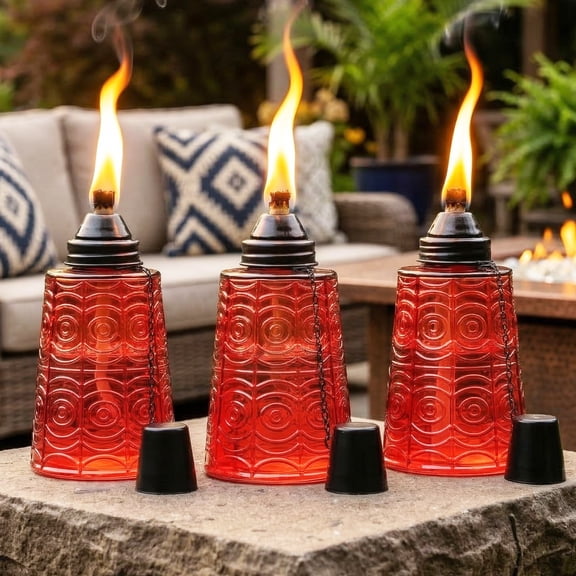 Seraphic Table Top Citronella Torches for Outdoor Patio, 16oz Decorative Glass Torch Citronella Oil Candles for Outside Deck, Garden, Parties, Set of 3, Red