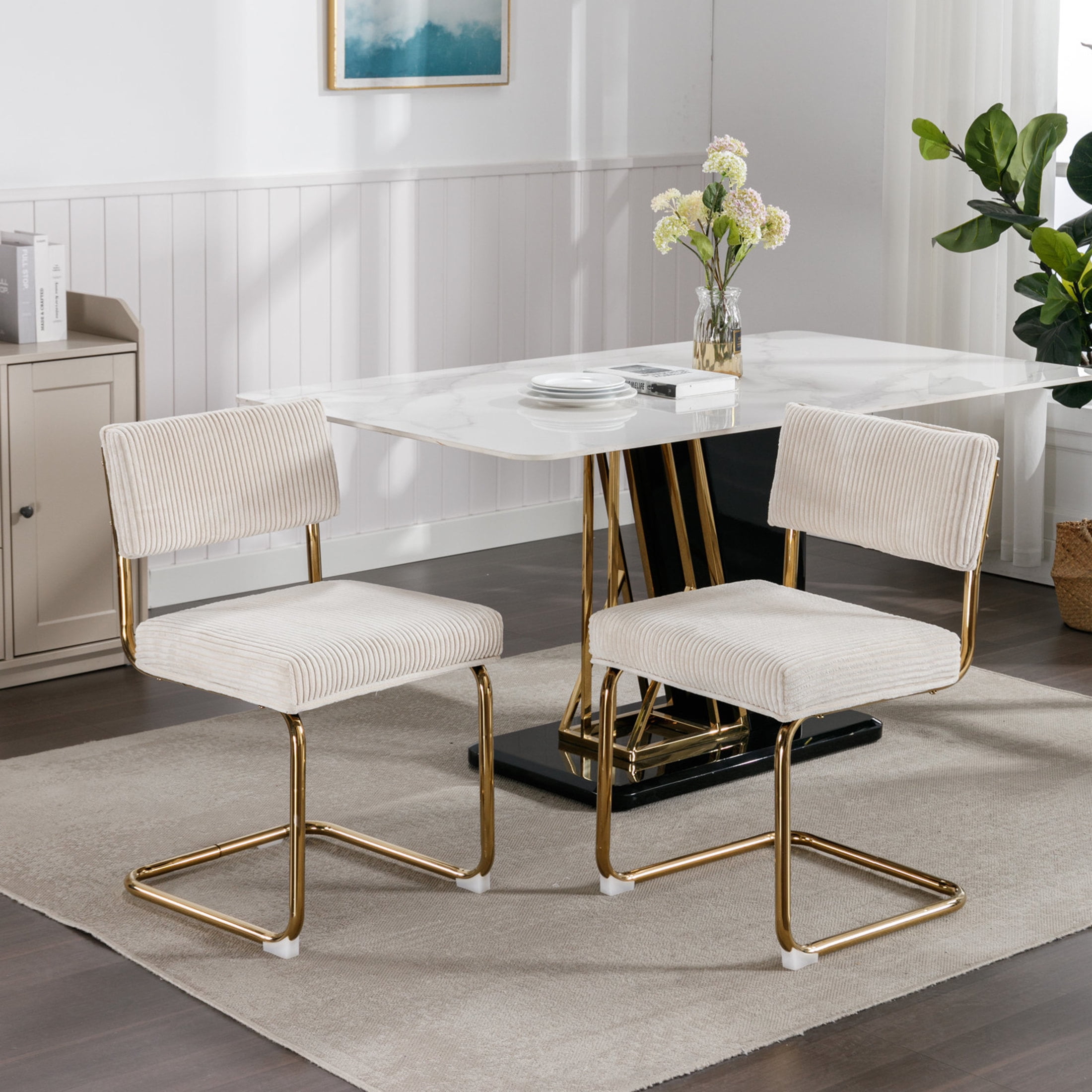 Seraphine Modern Upholstered Corduroy Dining Chairs with Channel Tufting, Gold Metal Frame, Beige + Gold, Set of 2