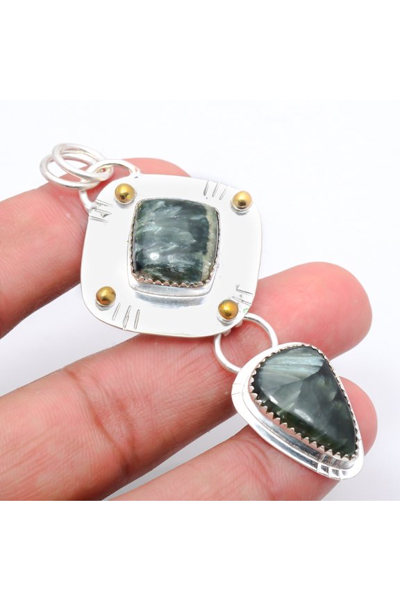 Seraphinite 925 Sterling Silver Two Tone Gold Plated Pendant 2.73" T63, Seraphinite Pendant, Christmas Gift, New Year Sale, Gemstone Silver Jewelry