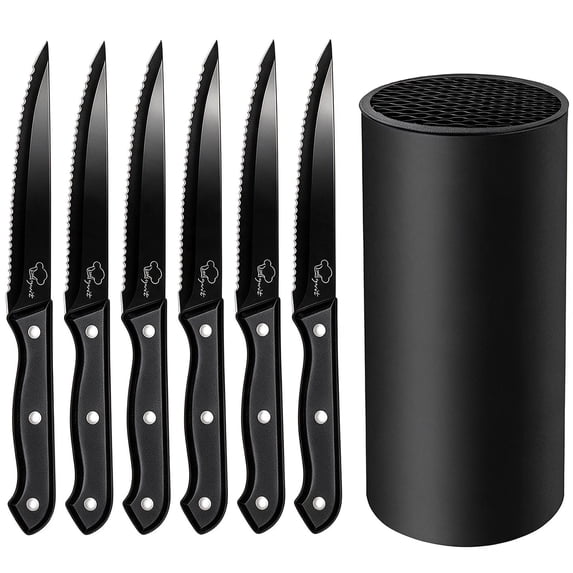 6PCS Serated Steak Knives in Block,Stainless Steel Dinner Knives for Kitchen Cutlery Set Meat Cutting Knife, Dishwasher Safe