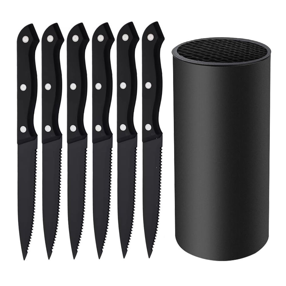 6PCS Serated Steak Knives in Block,Stainless Steel Dinner Knives for Kitchen Cutlery Set Meat Cutting Knife, Dishwasher Safe