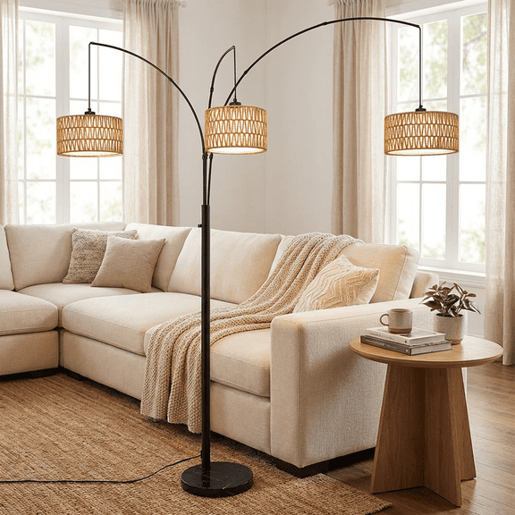 Serbasic Arc Floor Lamp with Interchangeable Rattan and Fabric Shades, 3 Lights Tall Standing Lamp for Living Room, Modern Boho 4-Way Switch Tree Lamp for Bedroom Office Corner, 3 LED Bulbs Included