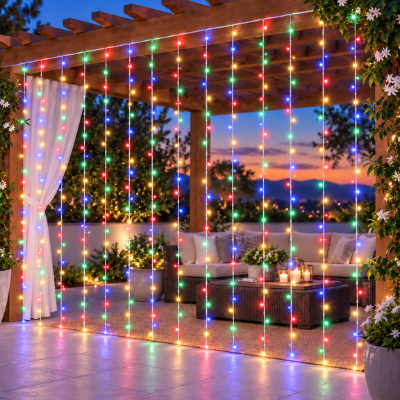 Serbasic Christmas Curtain Lights, 9.8 x 9.8 FT 300 LED Window Fairy String Lights, 8 Modes Connectable Waterfall Backdrop Lights Plug in for Wedding, Party, Home, Christmas Decor, Multicolor