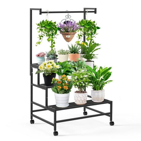 Serbasic Plant Stand Indoor Outdoor, 3 Tiered Heavy Duty Metal Plant Shelf for Multiple Plants, Hanging Tall Plant Rack with Wheels for Patio Room Corner Balcony Garden, Black