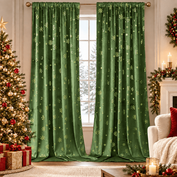 Serbasic Velvet Christmas Curtains 2 Panels, Metallic Gold Snowflake Foil Printed Room Darkening Window Drapes, Luxury Thermal Insulated Holiday Curtains for Living Room, Bedroom, Green, 52" x 84"
