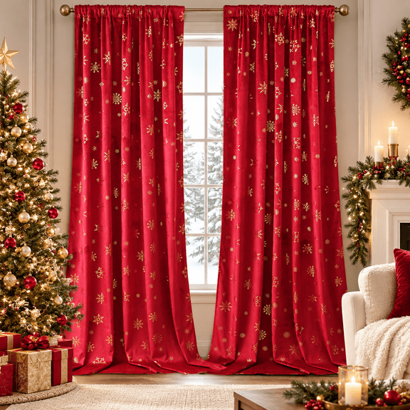 Serbasic Velvet Christmas Curtains 2 Panels, Metallic Gold Snowflake Foil Printed Room Darkening Window Drapes, Luxury Thermal Insulated Holiday Curtains for Living Room, Bedroom, Red, 52" x 84"