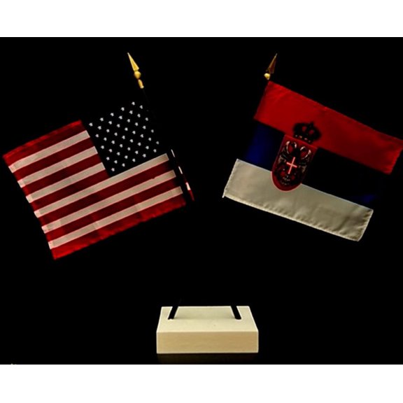 Serbia Desk Flag Set; Contains One USA and One Country Flag with a White Crossed Base, American Made