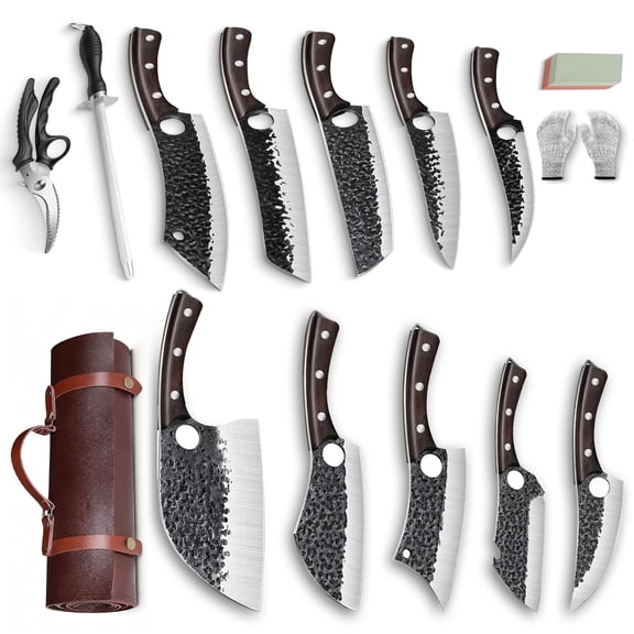 Serbian Chef Knife Set, Hand Forged Butcher Knife 15 Pcs Set with Knife Bag, Kitchen Knife Set, Meat Cutting Knife, Chest Trimming Knife, Gift for Dad