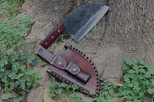 Serbian® Razor Sharp Cleaver Handforged Carbon Steel Chef Knife 3-layer with Leather Sheath