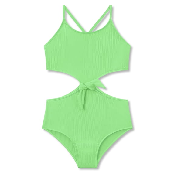 Serdomi Big Girls Green One Piece Swimsuit - High Waisted Cutout Cross Back Adjustable Straps Bathing Suit Size 14