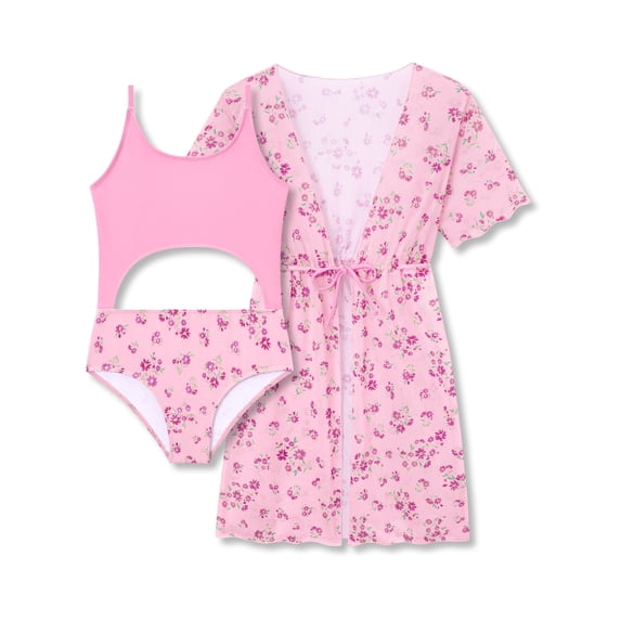 Serdomi Girls 2 Piece Swimsuit Set Mesh Cover Up & Floral Print One Piece Swimsuit Cut Out Adjustable Strap Swimwear Size 14