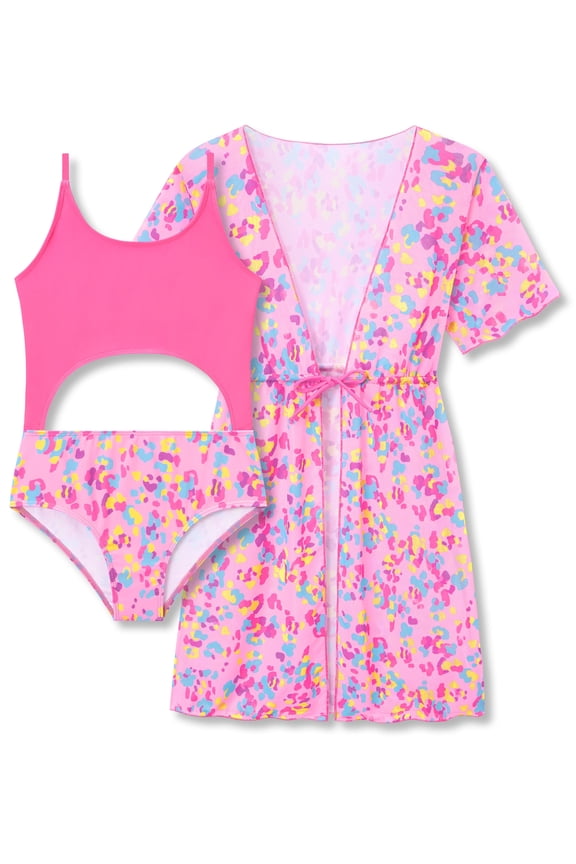 Girls 2 Piece Swimsuit Set Mesh Cover Up & Leopard Print One Piece Swimsuit Cut Out Adjustable Strap Swimwear Size 14