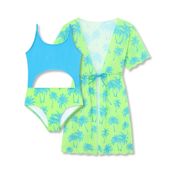Serdomi Girls 2 Piece Swimsuit Set Mesh Cover Up & Palm Tree Print One Piece Swimsuit Cut Out Adjustable Strap Swimwear Size 12