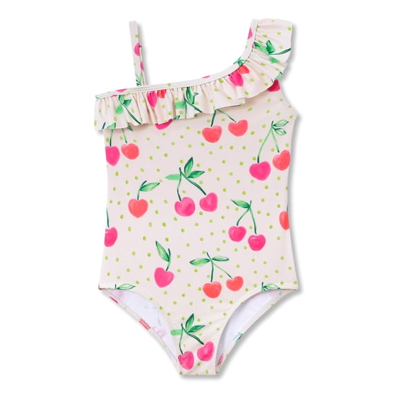 Serdomi Girls Adjustable Double Strap Swimsuit for Kids Pink Cherry Print Bathing Suit Size 8