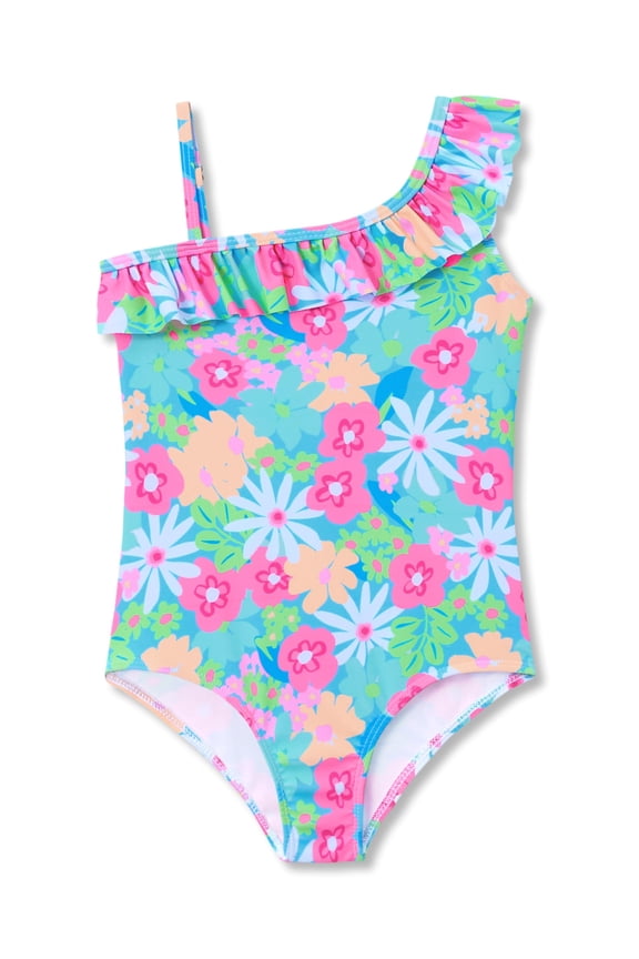Girls Adjustable Double Strap Swimsuit for Toddler Blue Tiny Flowers Print Bathing Suit Size 4