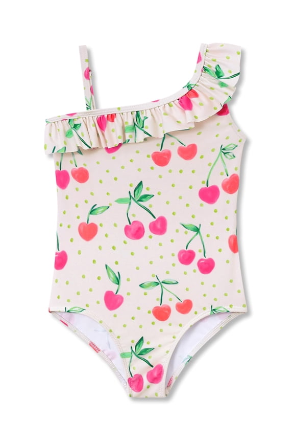 Girls Adjustable Double Strap Swimsuit for Toddler Pink Cherry Print Bathing Suit Size 4