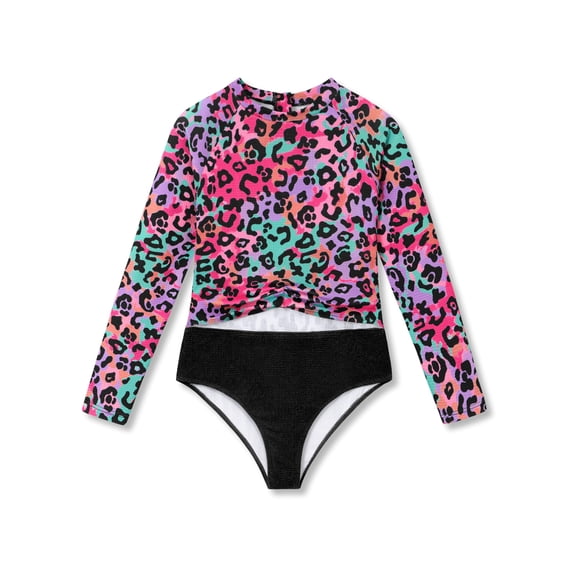 Serdomi Girls' Big Kid Long-Sleeve One-Piece Swimsuit Rash Guard - Colorful Leopard Cutout Midriff Zipper Size 10