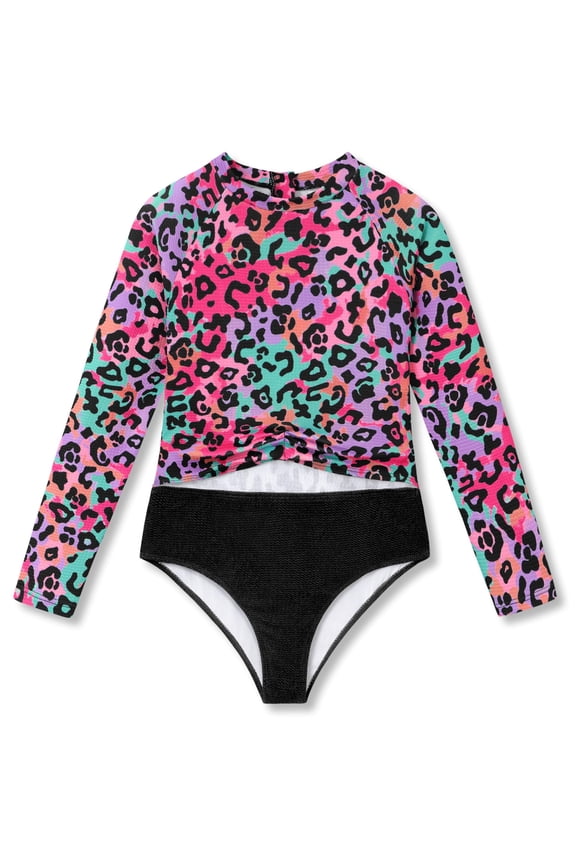 Girls' Big Kid Long-Sleeve One-Piece Swimsuit Rash Guard - Colorful Leopard Cutout Midriff Zipper Size 16