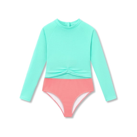 Serdomi Girls' Big Kid Long-Sleeve One-Piece Swimsuit Rash Guard - Mint Green & Pink Cutout Midriff Zipper Size 10