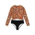 thumbnail image 1 of Serdomi Girls' Big Kid Long-Sleeve One-Piece Swimsuit Rash Guard - Orange Leopard Cutout Midriff Zipper Size 8, 1 of 7