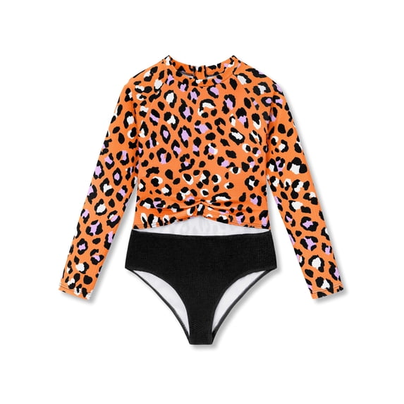Serdomi Girls' Big Kid Long-Sleeve One-Piece Swimsuit Rash Guard - Orange Leopard Cutout Midriff Zipper Size 8