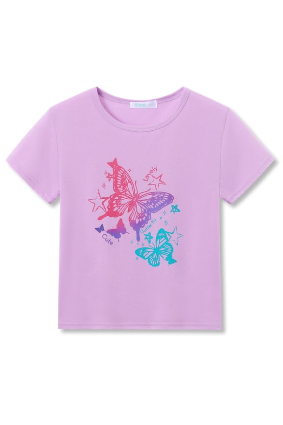 Girls Crewneck Tee Light Purple Gradient Butterflies Graphic Print Casual Top for Little Kids T-shirt Size 6
