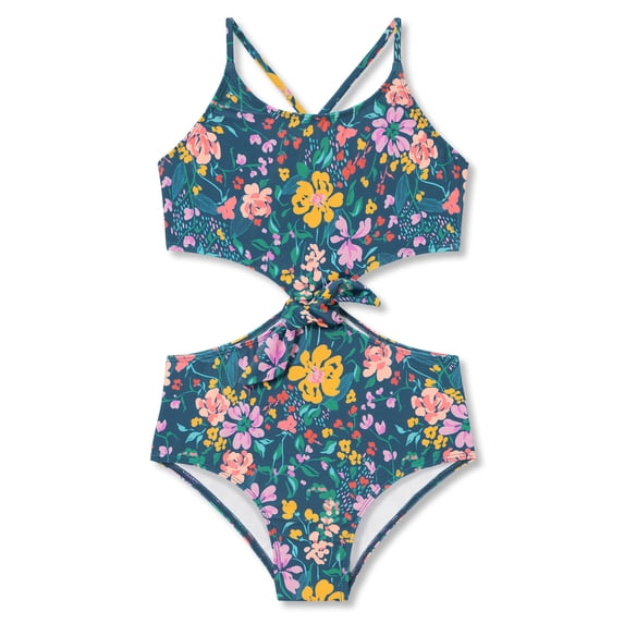 Serdomi Girls Cutout One Piece Swimsuit - Adjustable Straps Big Kid Floral Print Bathing Suit with Cross Back Size 10