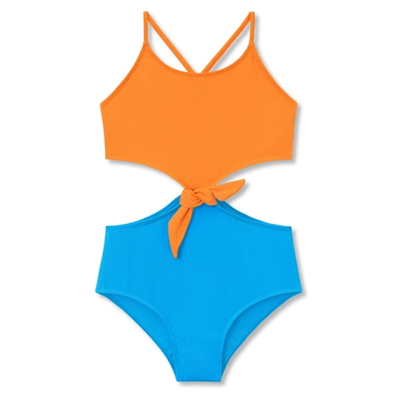 Serdomi Girls Cutout One Piece Swimsuit Adjustable Straps Orange&Blue Cross Back-Big Kid Bathing Suit Size 10