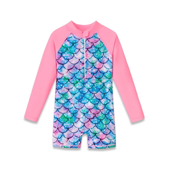 Serdomi Girls Long Sleeve Rash Guard 1 Piece Swimsuit with Zipper Front Pink Mermaid Scales Print Bathing Suits Size 6X/7