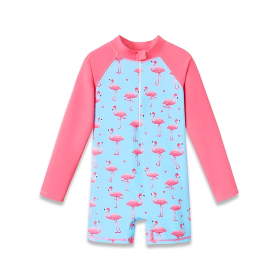 Serdomi Girls Long Sleeve Rash Guard Swimsuit 1 Piece Flamingo with Zipper Front Toddler Bathing Suit Swimsuit Size 4
