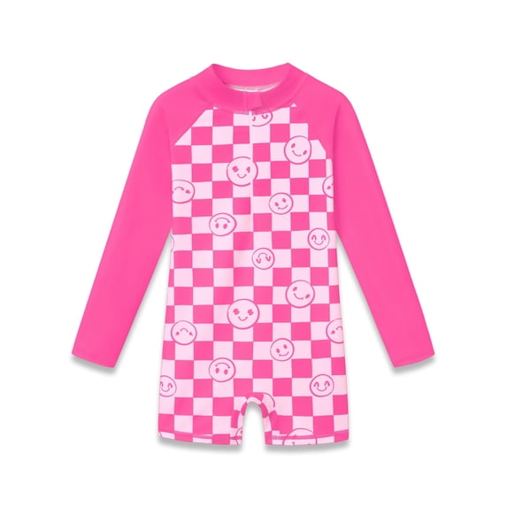 Serdomi Girls Long Sleeve Rash Guard Swimwear Zipper Summer Beach Swim Pink Checkered One Piece Bathing Suit Size 5/6