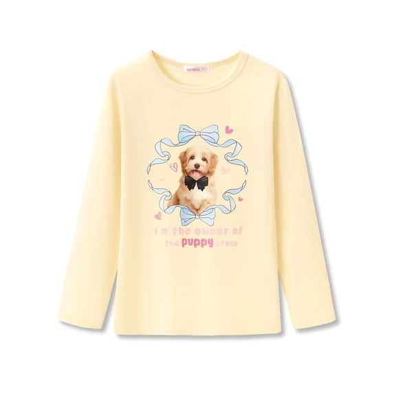 Serdomi Girls Long Sleeve T-Shirt - Soft Tops Bow Tie Puppy Dog Graphic Tee Size 7/8