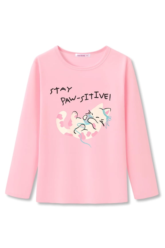 Girls Long Sleeve T-Shirt - Soft Tops Pink Cute Kitty Cat Graphic Tee Size 10