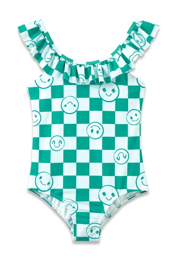 Girls One Piece Green Checker Face Swimsuit Bathing Suit Kid Size 2T/3T
