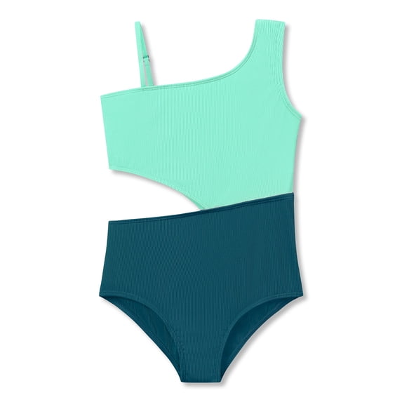 Serdomi Girls One Piece Swimsuit Trendy Mint Teal Rib Knit Color Block Side-Cutout Bathing Suit for Little & Big Kids Size 14