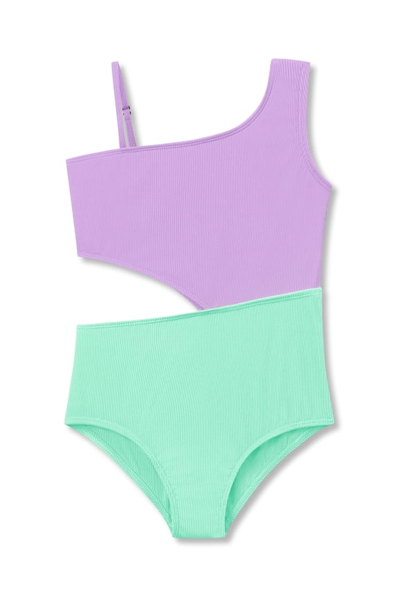 Girls One Piece Swimsuit Trendy Purple Mint Rib Knit Color Block Side-Cutout Bathing Suit for Little & Big Kids Size 10