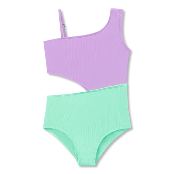 Serdomi Girls One Piece Swimsuit Trendy Purple Mint Rib Knit Color Block Side-Cutout Bathing Suit for Little & Big Kids Size 10